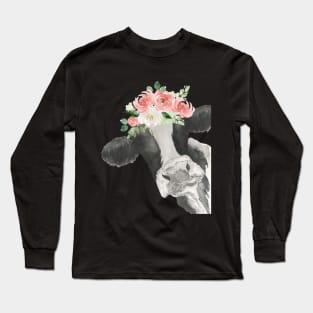 Watercolor Cow with Floral Crown Long Sleeve T-Shirt